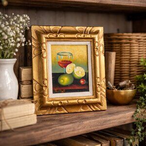 Vintage Miniature Still Life Oil Painting of Fruit & Wine, Signed Van Hoot